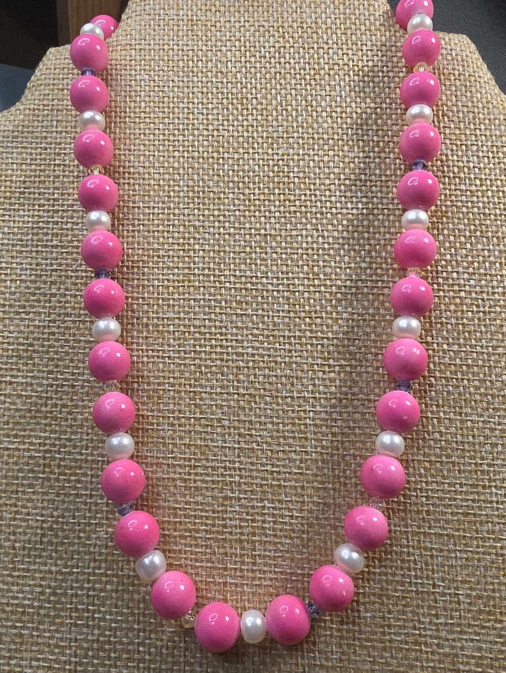 Bright Pink Beaded Necklace with Genuine Pearl Accent